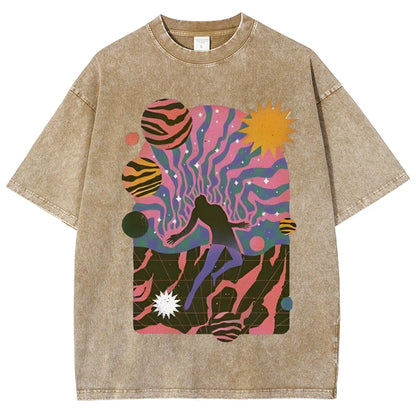 High-Quality Cartoon Abstract Print Men's T-shirt Water Wash Vintage Casual