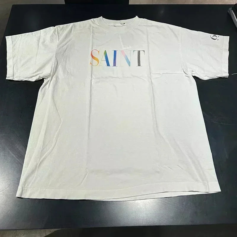 25SS Vintage Grey Saint T-Shirt Streetwear Character Logo Print Cotton