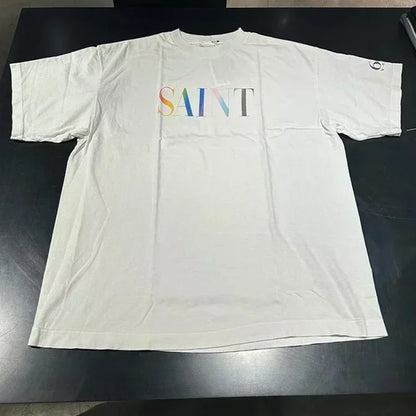 25SS Vintage Grey Saint T-Shirt Streetwear Character Logo Print Cotton
