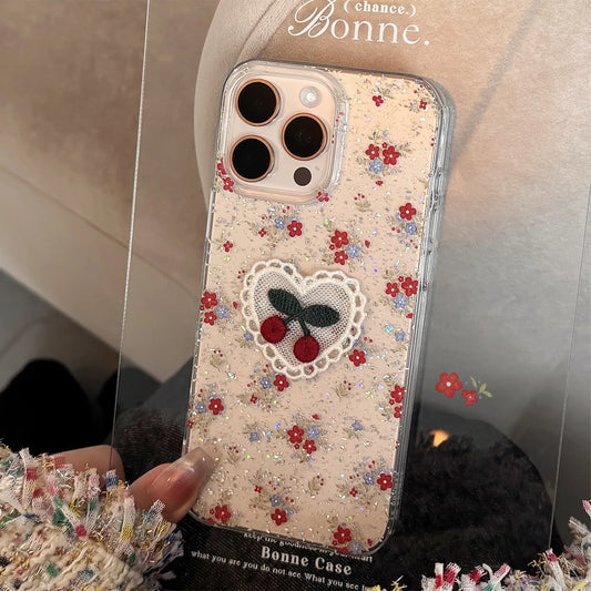 Glitter Cherry Embroidered iPhone Case Transparent