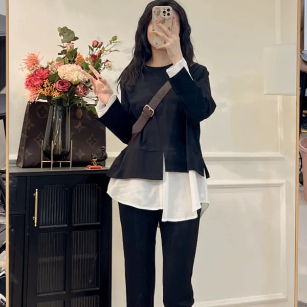 Womens Layered Look Sweatshirt Spliced Design Two Tone Spring Trendy