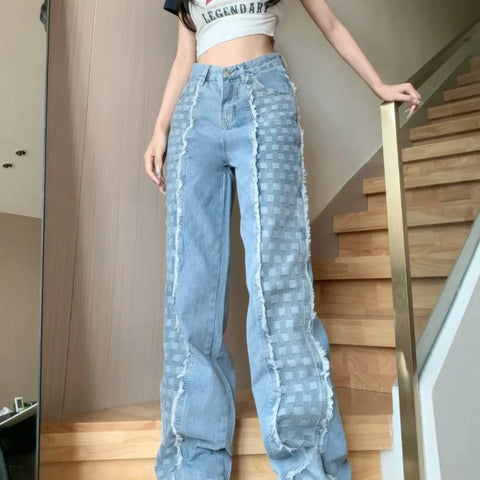 Plaid Splicing Straight Leg Jeans for Women Versatile Korean High Waisted