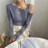 Womens Off Shoulder Knit Tee Y2K Slim Fit Sexy Solid Color Top