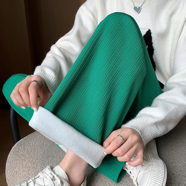 Winter Warm Fleece Wide Leg Pants Women High Waisted Thick