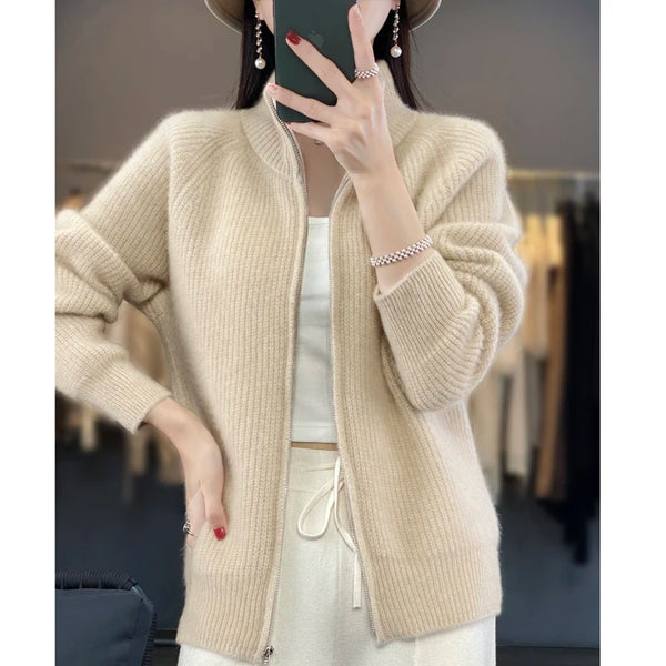 Wool Zipper Cardigan Padded Shoulder Stand Collar Women