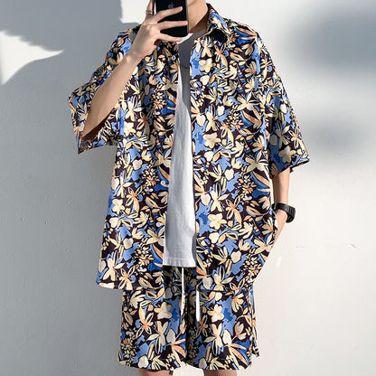 2024 Summer New Mens Hawaiian Set Floral Shirt and Shorts Casual