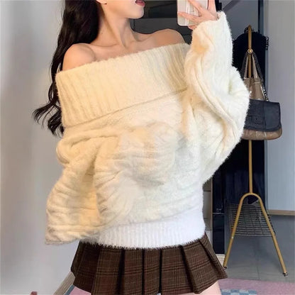 Women’s Off-Shoulder Knit Sweater – Loose Splice Pullover for Fall & Winter