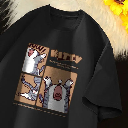 Kitty Comic Strip T-Shirt Men Cute Graphic Casual Streetwear