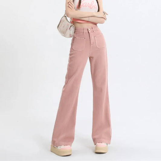 Women's High Waisted Flare Jeans Light Pink Purple Denim Spring