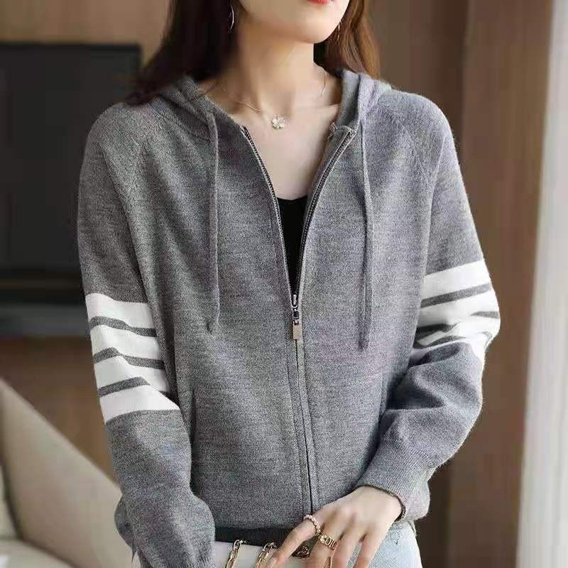 Women Hoodies Sweatshirts Loose Coat Tops Striped Zipper Knitted