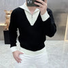 Men Color Block Quarter Zip Sweater Slim Fit Business Polo Pullover