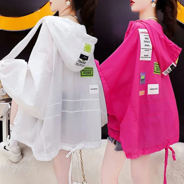 Womens Cropped Hooded Jacket Korean Style UPF Sun Protection Summer