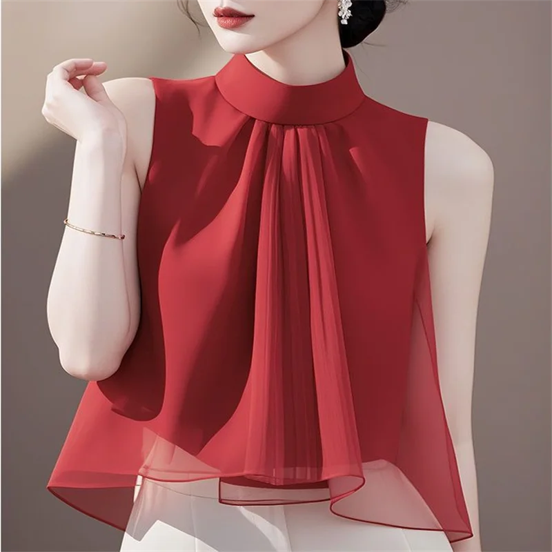 Sleeveless Halter Pleated Blouse – Summer Top for Women