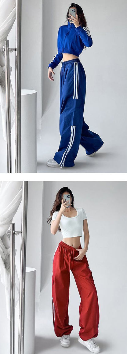 Gestreifte Cargohose Jogginghose Damen Hip Hop Streetwear Weites Bein Y2K Hohe Taille