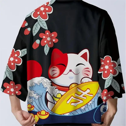 Japanese Kimono Yukata Samurai Man Cat Print Shirt Clothing Harajuku