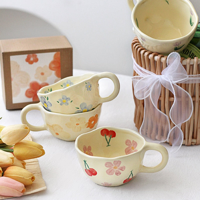 Ceramic Mugs Coffee Cups Hand Pinched Irregular Flower Milk Tea korean style