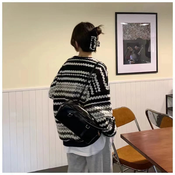 Womens Striped Knit Sweater Oversized Round Neck Pullover