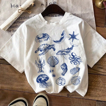 Casual simple cartoon marine life print T-shirt versatile short-sleeved