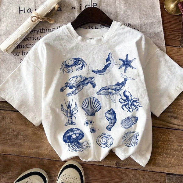 Casual simple cartoon marine life print T-shirt versatile short-sleeved