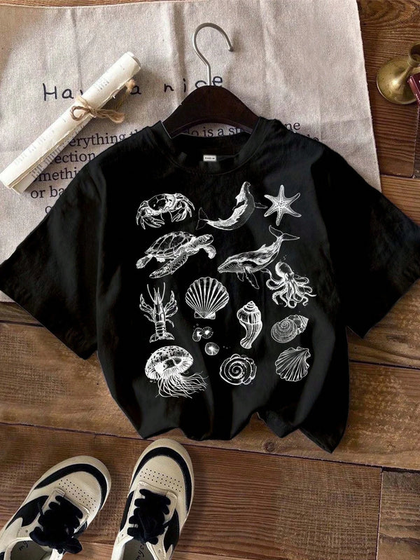 Casual simple cartoon marine life print T-shirt versatile short-sleeved