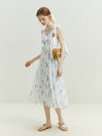 Women Dress Ruffle Front Blue Floral Dress Chiffon Spilt Loose Dresses