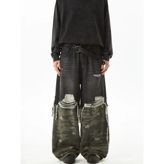 Grunge Camo Patch Jeans Men’s Ripped Wide Leg Streetwear Pants