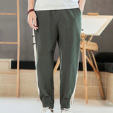 Elastic Waist Haren Pants Man Contrast Color Pockets Patchwork Cotton Hemp Casual