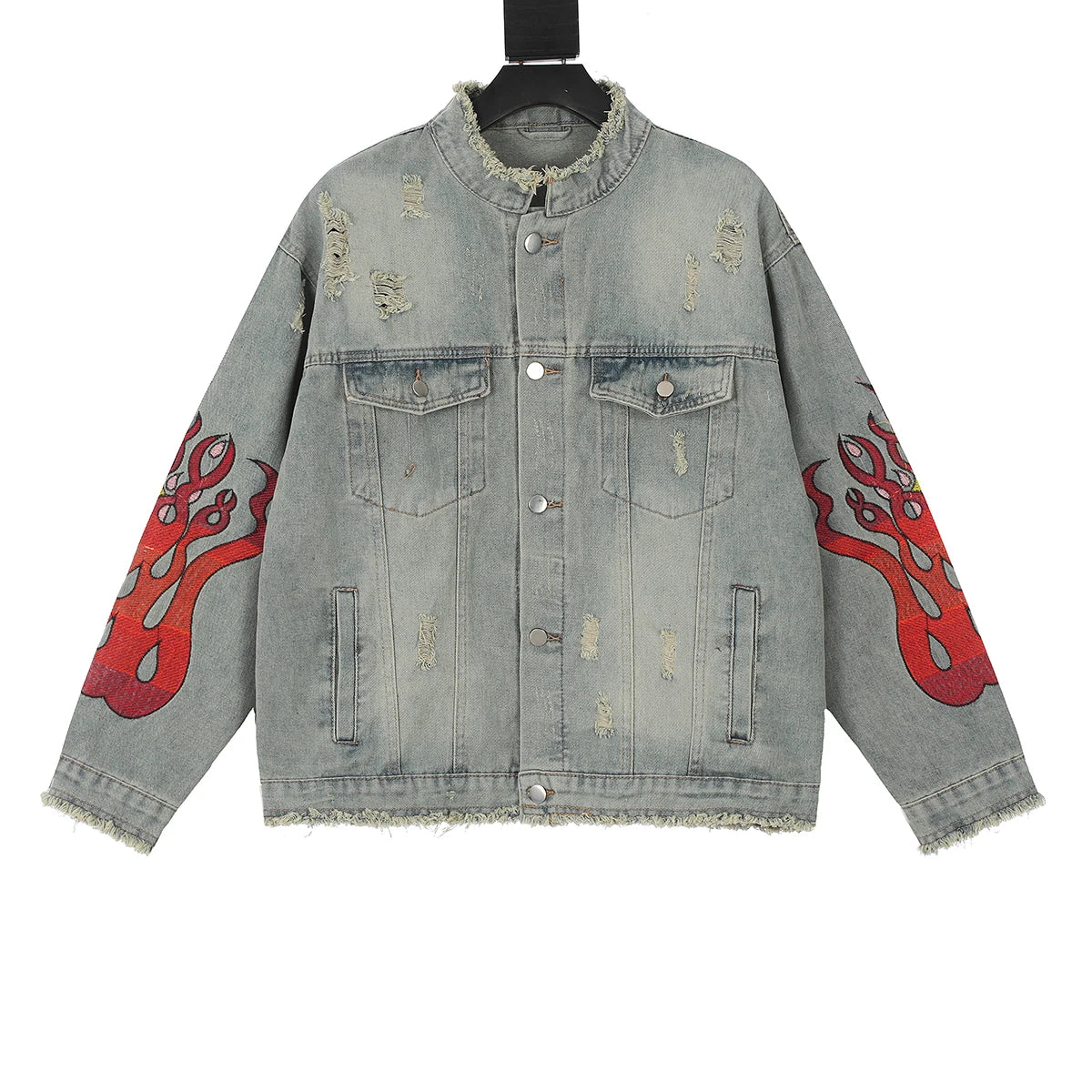 Men Ripped Flame Embroidered Denim Jacket