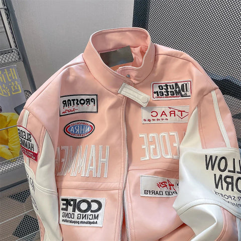 Trend Hip Hop Motorcycle Jacket Women's UP Leather American Pink Jacket Windproof