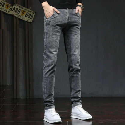 Men's Slim Fit Elastic Jeans Retro Denim  Pants