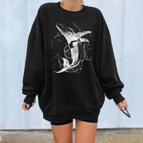 Mode Whale Rose Print Sweatshirts Frauen Frühling Herbst Lose Pullover