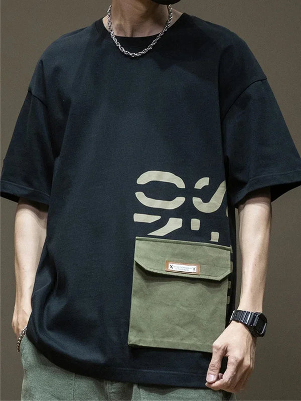 Mens Cargo Pocket Tshirt Letter Print Oversized Y2K Streetwear