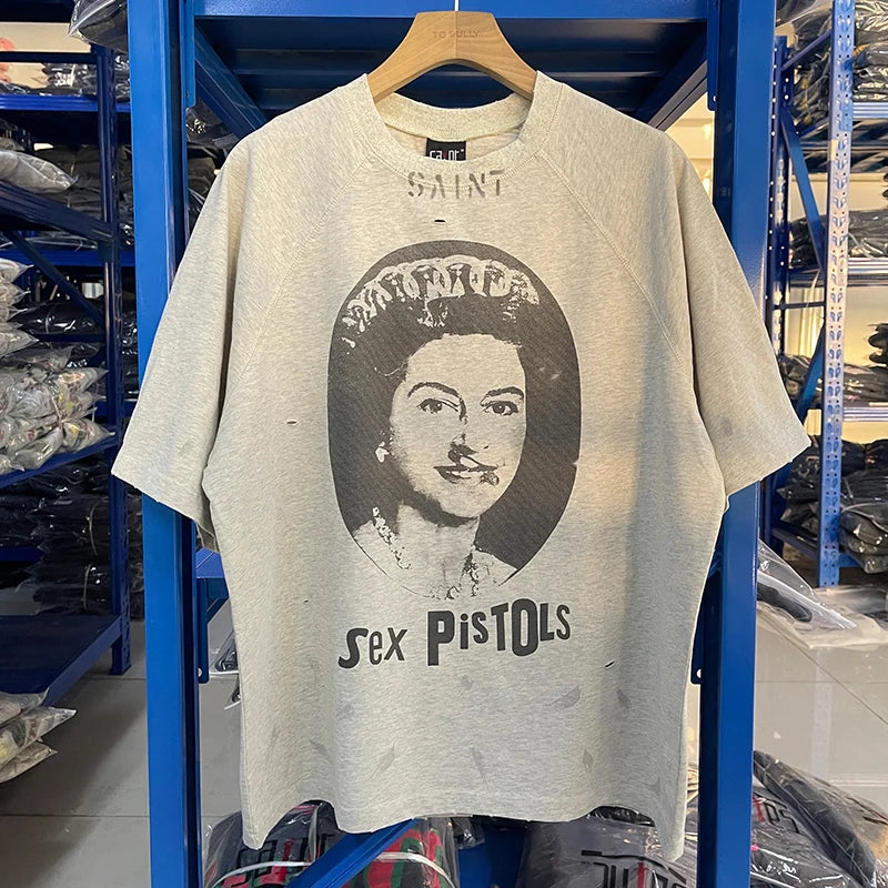 25SS Vintage Grey Saint T-Shirt Streetwear Character Logo Print Cotton