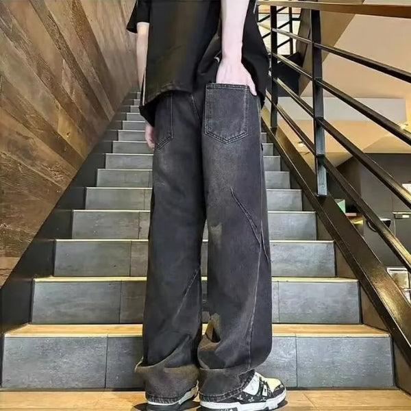 Mens Retro Denim Wide Leg Jeans Loose Straight Fit Streetwear Pants