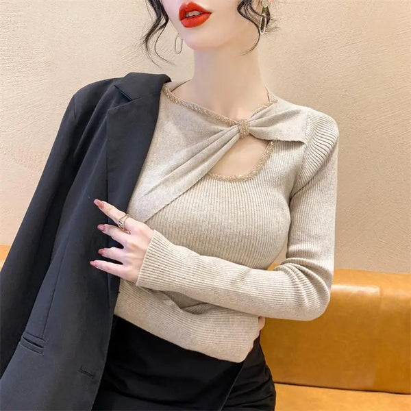 Bow Collar Sweater Women Long Sleeve Pleated Knit Top Fall Winter