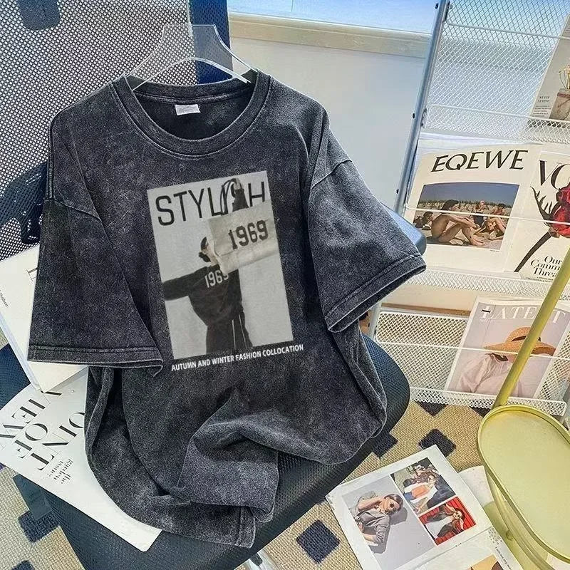 American Retro Wash T-Shirt Men's Summer Loose High Street Fashion