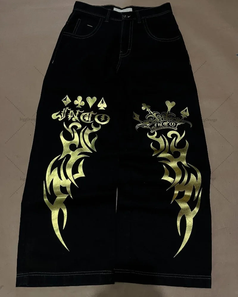 2025 Streetwear Men Jeans with Detailed Gold Pattern