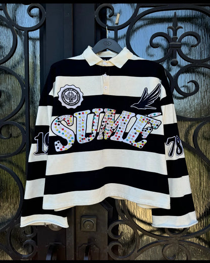 Retro Y2K Polo Shirt Men Long Sleeve Embroidery Stripe Hip Hop Top