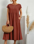 Womens Solid Color Cotton Linen Dress