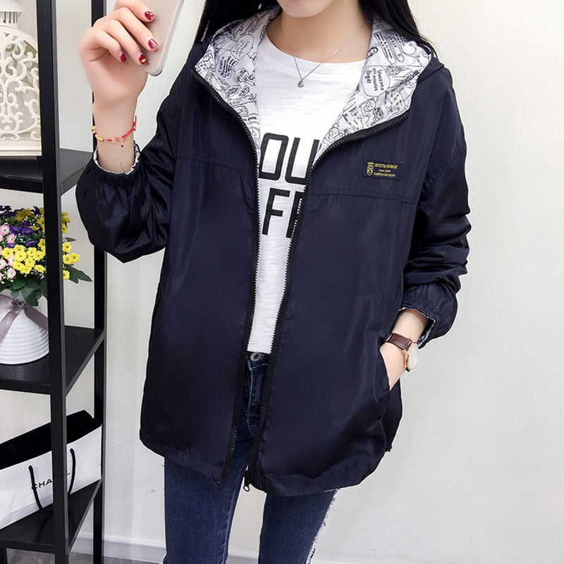 Women Jacket Pocket Zipper Hooded Coat Loose