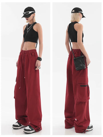 Vintage Harajuku Aesthetic: Red Cargo Pants for Bold Streetwear