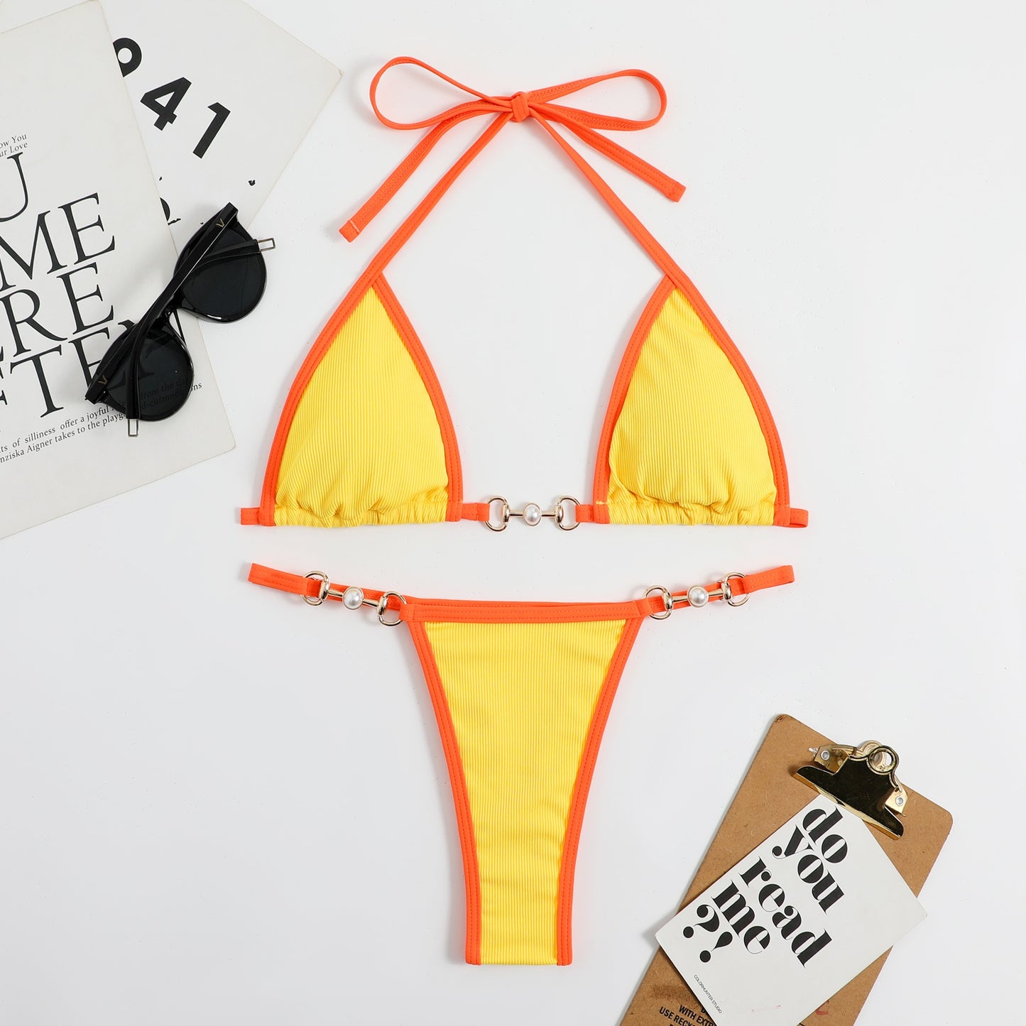 Women Piece Colorblock Chain Swimsuit Tie Halter Neck Micro Bikini Set String Suit