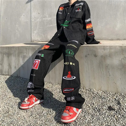 American High Street Printed Jeans Loose Straight Hip-Hop Pants for Men