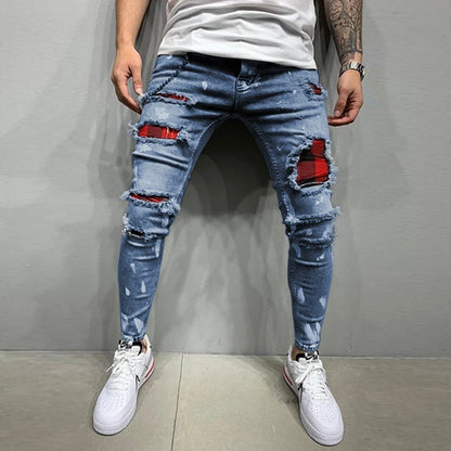 Streetwear Paneled Ripped Casual Denim Pants Popular Zipper
