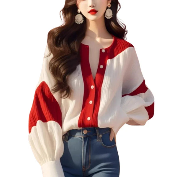 Spring Summer Chiffon Patchwork Blouse Women Loose Vintage