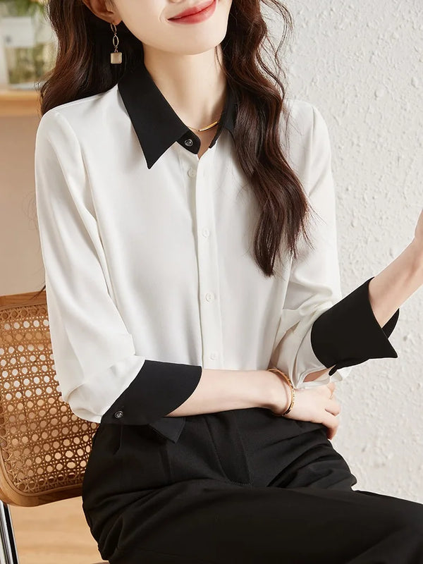 Womens White Polo Collar Shirt Tie Neck Long Sleeve Office Blouse