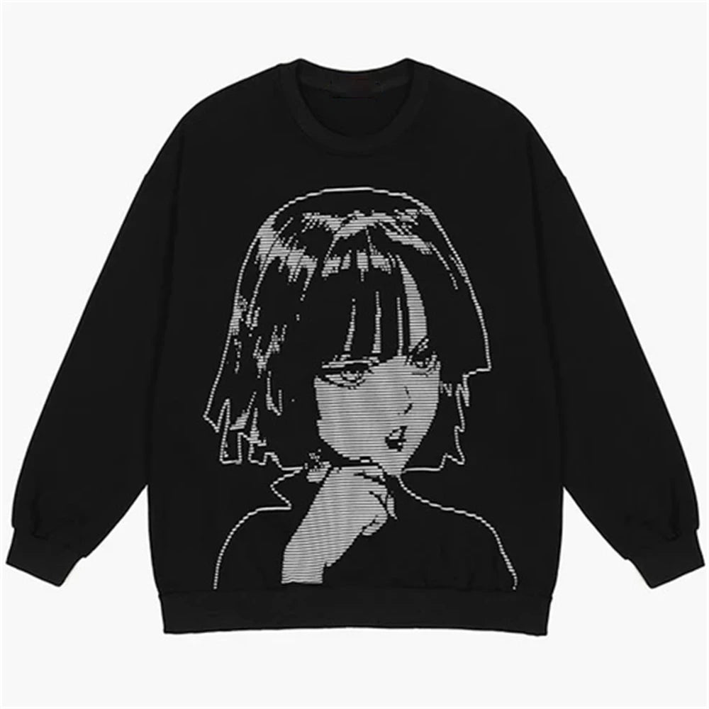 American Style Anime Cartoon Girl Dark Print Loose Round Neck Sweater