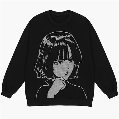 American Style Anime Cartoon Girl Dark Print Loose Round Neck Sweater
