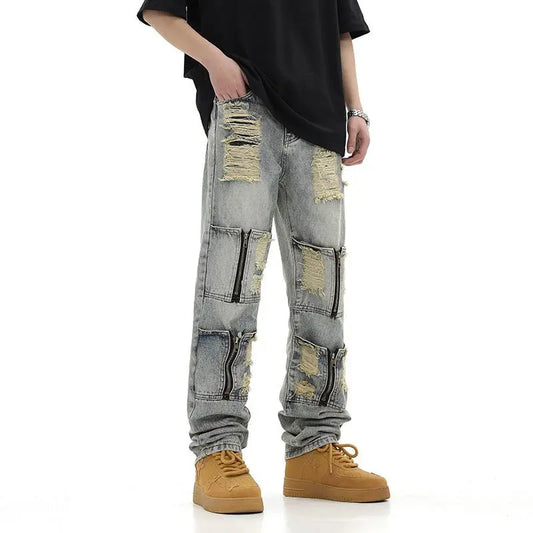 Urban Style Ripped Jeans Patchwork Loose Fit Hip Hop Denim