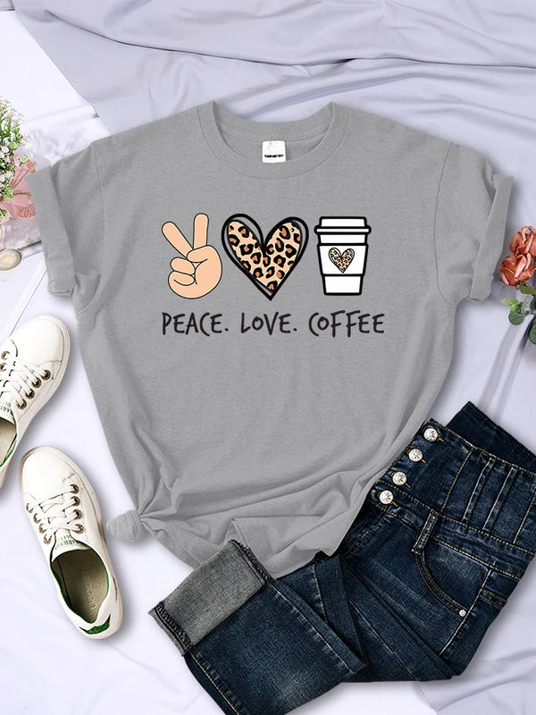 Womens Peace Love Coffee Graphic Tee Cotton O Neck Street Style Shirt